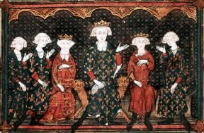Filippo IV con il figlio Luigi I di Navarra e la moglie Isabella d'Aragona in una miniatura del sec. XIV (Parigi, Bibliothèque Nationale).De Agostini Picture Library Filippo IV con il figlio Luigi I di Navarra e la moglie Isabella d'Aragona in una miniatura del sec. XIV (Parigi, Bibliothèque Nationale).De Agostini Picture Library