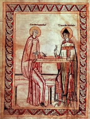 Guido d'Arezzo con Teodobaldo al monocordo, in una miniatura del sec. XII (Vienna, Nationalbibliothek).Vienna, Nationalbibliothek Guido d'Arezzo con Teodobaldo al monocordo, in una miniatura del sec. XII (Vienna, Nationalbibliothek).Vienna, Nationalbibliothek