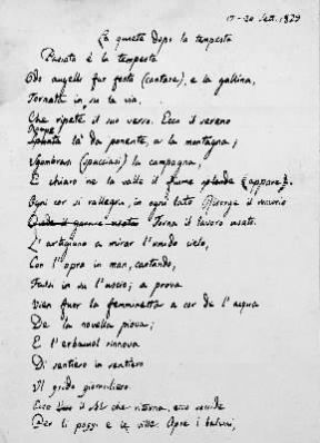Canti. Pagina manoscritta de La quiete dopo la tempesta (1829).De Agostini Picture Library Canti. Pagina manoscritta de La quiete dopo la tempesta (1829).De Agostini Picture Library