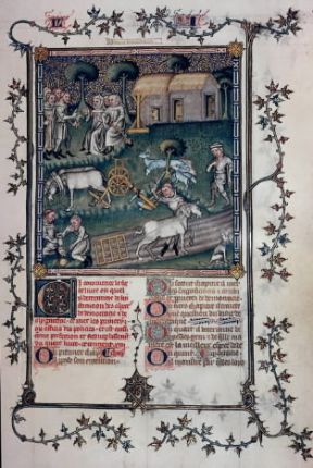 Agricoltura. Miniatura francese del sec. XIV in cui sono raffigurati attrezzi a mano come l'erpice e l'aratro a ruote.De Agostini Picture Library Agricoltura. Miniatura francese del sec. XIV in cui sono raffigurati attrezzi a mano come l'erpice e l'aratro a ruote.De Agostini Picture Library