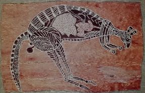 Australia. Dipinto su corteccia raffigurante un canguro nello Australia. Dipinto su corteccia raffigurante un canguro nello