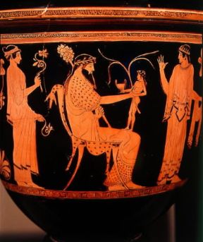 Pittore di Altamura. Cratere a figure rosse con Zeus e Dioniso proveniente da Spina (Ferrara, Museo Archeologico Nazionale).De Agostini Picture Library Pittore di Altamura. Cratere a figure rosse con Zeus e Dioniso proveniente da Spina (Ferrara, Museo Archeologico Nazionale).De Agostini Picture Library