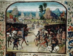 Guerra dei Cent'anni. La battaglia di Poitiers (1356) in una miniatura del sec. XV (Parigi, Bibliothéque National).De Agostini Picture Library Guerra dei Cent'anni. La battaglia di Poitiers (1356) in una miniatura del sec. XV (Parigi, Bibliothéque National).De Agostini Picture Library