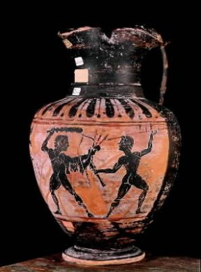 Cicno raffigurato mentre lotta con Eracle su un'anfora greca del sec. V a. C. (Napoli, Museo Archeologico Nazionale).De Agostini Picture Library Cicno raffigurato mentre lotta con Eracle su un'anfora greca del sec. V a. C. (Napoli, Museo Archeologico Nazionale).De Agostini Picture Library