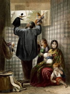 Burattino. L'interno del casotto del burattinaio in un'incisione del sec. XIX (Parigi, Musée Carnavalet).De Agostini Picture Library/G. Dagli Orti Burattino. L'interno del casotto del burattinaio in un'incisione del sec. XIX (Parigi, Musée Carnavalet).De Agostini Picture Library/G. Dagli Orti