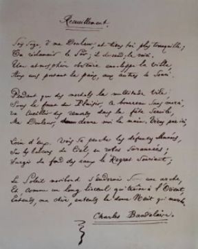 Charles Baudelaire. L'autografo della poesia Recueillement dalla raccolta Nouvelles Fleurs du Mal (1866).De Agostini Picture Library/J. E. Bulloz Charles Baudelaire. L'autografo della poesia Recueillement dalla raccolta Nouvelles Fleurs du Mal (1866).De Agostini Picture Library/J. E. Bulloz