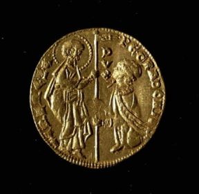 Moneta. Ducato d'oro emesso dal doge Pietro Gradenigo (sec. XIII).De Agostini Picture Library Moneta. Ducato d'oro emesso dal doge Pietro Gradenigo (sec. XIII).De Agostini Picture Library