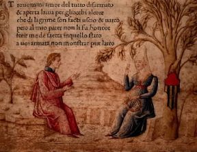 Francesco Petrarca. Petrarca e Laura,miniatura tratta da una pagina del Canzoniere (sec. XV; Venezia, Biblioteca Marciana).De Agostini Picture Library/A. Dagli Orti Francesco Petrarca. Petrarca e Laura,miniatura tratta da una pagina del Canzoniere (sec. XV; Venezia, Biblioteca Marciana).De Agostini Picture Library/A. Dagli Orti