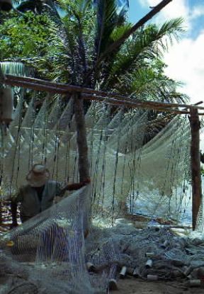 Polinesia Francese. Pescatore ripara le reti nell'isola di Moorea.De Agostini Picture Library/C. Rives Polinesia Francese. Pescatore ripara le reti nell'isola di Moorea.De Agostini Picture Library/C. Rives