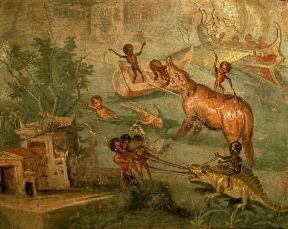 Paesaggio . Paesaggio raffigurato in un affresco pompeiano (Napoli, Museo Archeologico Nazionale).De Agostini Picture Library/A. Dagli Orti Paesaggio . Paesaggio raffigurato in un affresco pompeiano (Napoli, Museo Archeologico Nazionale).De Agostini Picture Library/A. Dagli Orti