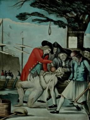 Stati Uniti . Vignetta del sec. XVIII in cui è raffigurato un esattore inglese che, con il corpo ricoperto di pece e piume, viene sottoposto al supplizio del tè.De Agostini Picture Library Stati Uniti . Vignetta del sec. XVIII in cui è raffigurato un esattore inglese che, con il corpo ricoperto di pece e piume, viene sottoposto al supplizio del tè.De Agostini Picture Library