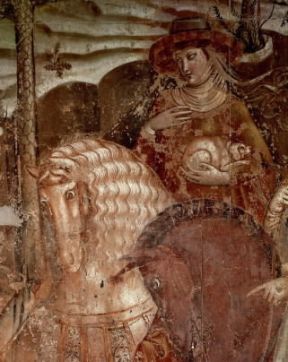 Maestro del Trionfo della Morte. Particolare di Dama con cagnolino.De Agostini Picture Library/G. Nimatallah
