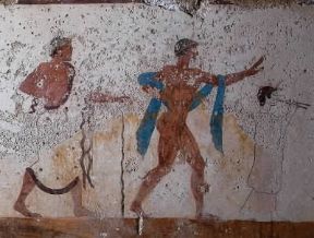 Affresco. Particolare della decorazione parietale nella Tomba del Tuffatore a Paestum (sec. V a.C.; Paestum, Museo).De Agostini Picture Library/A. De Gregorio Affresco. Particolare della decorazione parietale nella Tomba del Tuffatore a Paestum (sec. V a.C.; Paestum, Museo).De Agostini Picture Library/A. De Gregorio