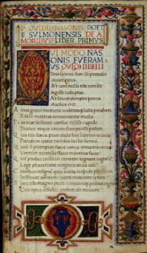 Publio Ovidio Nasone . Pagina miniata di un codice trecentesco del De Amoribus (Milano, Biblioteca Ambrosiana).De Agostini Picture Library Publio Ovidio Nasone . Pagina miniata di un codice trecentesco del De Amoribus (Milano, Biblioteca Ambrosiana).De Agostini Picture Library