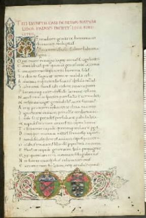 Tito Lucrezio Caro. Pagina miniata del De rerum natura tratta da un codice membranaceo del sec. XV (Milano, Biblioteca Ambrosiana).Milano, Biblioteca Ambrosiana Tito Lucrezio Caro. Pagina miniata del De rerum natura tratta da un codice membranaceo del sec. XV (Milano, Biblioteca Ambrosiana).Milano, Biblioteca Ambrosiana