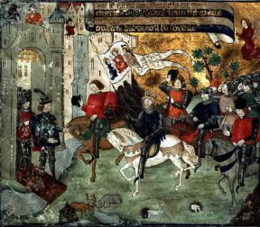 Francia. Giovanna d'Arco in una miniatura del sec. XIV mentre va ad annunciare a Carlo VII la liberazione di Orléans (Orléans, Centre Jeanne d'Arc).De Agostini Picture Library/Seemuller Francia. Giovanna d'Arco in una miniatura del sec. XIV mentre va ad annunciare a Carlo VII la liberazione di Orléans (Orléans, Centre Jeanne d'Arc).De Agostini Picture Library/Seemuller
