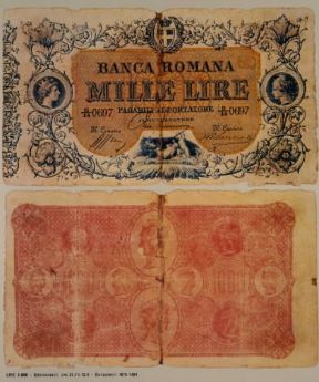 Banca Romana. Recto e verso di un biglietto da mille lire.De Agostini Picture Library Banca Romana. Recto e verso di un biglietto da mille lire.De Agostini Picture Library