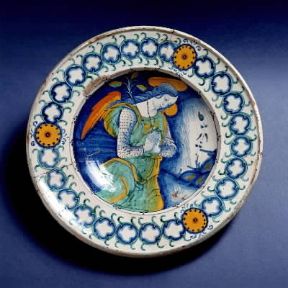 Deruta . Piatto in ceramica con al centro raffigurata una scena sacra (sec. XVI; Firenze, Museo Nazionale del Bargello).De Agostini Picture Library/G. Nimatallah Deruta . Piatto in ceramica con al centro raffigurata una scena sacra (sec. XVI; Firenze, Museo Nazionale del Bargello).De Agostini Picture Library/G. Nimatallah