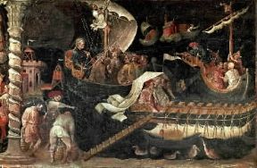 Giovanni da Modena. Viaggio dei re Magi, l'imbarco; particolare degli affreschi nella cappella Bolognini (Bologna, chiesa di S. Petronio).De Agostini Picture Library Giovanni da Modena. Viaggio dei re Magi, l'imbarco; particolare degli affreschi nella cappella Bolognini (Bologna, chiesa di S. Petronio).De Agostini Picture Library
