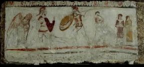 Italia . Raffigurazione di un duello in un affresco proveniente dalla necropoli di Andriuolo (Paestum, Museo).De Agostini Picture Library/A. De Gregorio Italia . Raffigurazione di un duello in un affresco proveniente dalla necropoli di Andriuolo (Paestum, Museo).De Agostini Picture Library/A. De Gregorio