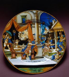 Xanto Francesco Avelli. Piatto di maiolica raffigurante Giuseppe e la moglie di Putifarre (Firenze, Museo Nazionale del Bargello).De Agostini Picture Library/G. Nimatallah