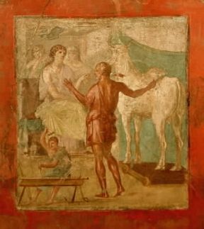 Dedalo presenta a Pasifae la vacca di legno (affresco del sec. I; Pompei, Casa dei Vettii).De Agostini Picture Library/A. Dagli Orti Dedalo presenta a Pasifae la vacca di legno (affresco del sec. I; Pompei, Casa dei Vettii).De Agostini Picture Library/A. Dagli Orti