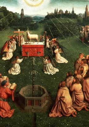 Hubert e Jan van Eyck. Adorazione dell'agnello, particolare del pannello centrale dell'altare di Gand, realizzato da entrambi i fratelli (Gand, St. Bavon).Gand, St. Bavon