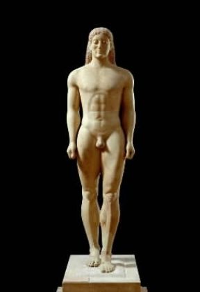 Kouros. Statua funeraria del 520 a. C. ca. (Atene, Museo Archeologico Nazionale).De Agostini Picture Library/G. Nimatallah Kouros. Statua funeraria del 520 a. C. ca. (Atene, Museo Archeologico Nazionale).De Agostini Picture Library/G. Nimatallah
