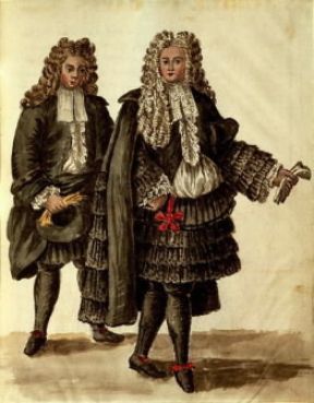 Parrucca . Parrucche in una illustrazione di Nobili in cappa di G. Grevenbroch (sec. XVIII; Venezia, Biblioteca del Museo Civico Correr). De Agostini Picture Library/A. Dagli Orti