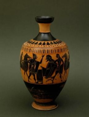 Pittore di Amasis. Lékythos a figure nere con Zeus e Hermes (Palermo, Museo Archeologico).De Agostini Picture Library/G. Nimatallah Pittore di Amasis. Lékythos a figure nere con Zeus e Hermes (Palermo, Museo Archeologico).De Agostini Picture Library/G. Nimatallah