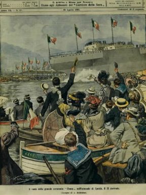 Achille Beltrame. Tavola raffigurante il varo di una corazzata a Roma, eseguito per La domenica del Corriere (1938).De Agostini Picture Library/A. Dagli Orti Achille Beltrame. Tavola raffigurante il varo di una corazzata a Roma, eseguito per La domenica del Corriere (1938).De Agostini Picture Library/A. Dagli Orti