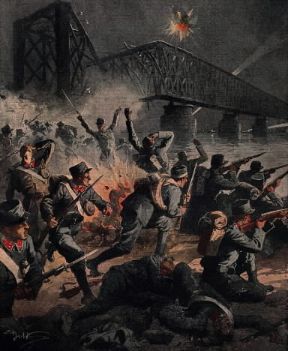 Austria. Combattimento presso il ponte sulla Sava, all'inizio della guerra tra Austria e Serbia.De Agostini Picture Library / A. Dagli Orti Austria. Combattimento presso il ponte sulla Sava, all'inizio della guerra tra Austria e Serbia.De Agostini Picture Library / A. Dagli Orti
