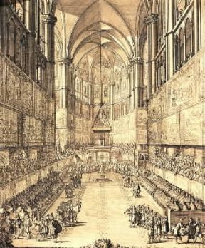 Francia. L'incorazione di Luigi XIV nel 1654 in una incisione del sec. XVII (Versailles, Museo).De Agostini Picture Library/G. Dagli Orti Francia. L'incorazione di Luigi XIV nel 1654 in una incisione del sec. XVII (Versailles, Museo).De Agostini Picture Library/G. Dagli Orti