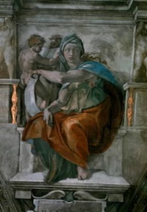 Affresco. LaSibilla Delfica realizzata da Michelangelo nella Cappella Sistina.Roma, Musei Vaticani Affresco. LaSibilla Delfica realizzata da Michelangelo nella Cappella Sistina.Roma, Musei Vaticani