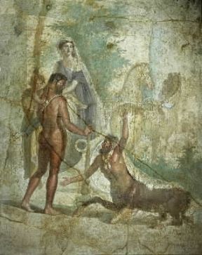 Deianira con Eracle e Nesso in un particolare di pittura murale proveniente da Pompei (Napoli, Museo Archeologico Nazionale). De Agostini Picture Library/G. Nimatallah Deianira con Eracle e Nesso in un particolare di pittura murale proveniente da Pompei (Napoli, Museo Archeologico Nazionale). De Agostini Picture Library/G. Nimatallah