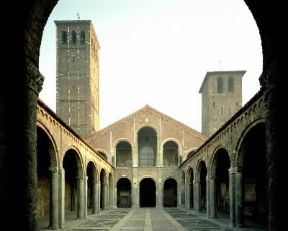 Lombardia. La facciata di S. Ambrogio a Milano, affiancata dai campanili dei Monaci e dei Canonici.De Agostini Picture Library/G. Cigolini Lombardia. La facciata di S. Ambrogio a Milano, affiancata dai campanili dei Monaci e dei Canonici.De Agostini Picture Library/G. Cigolini
