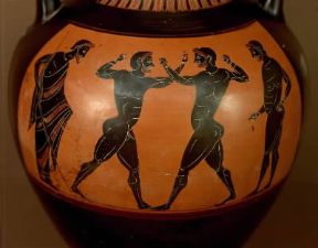 Pugilato. Particolare di un'anfora panatenaica con una scena di pugilato (Roma, Museo di Villa Giulia).De Agostini Picture Library/G. Nimatallah Pugilato. Particolare di un'anfora panatenaica con una scena di pugilato (Roma, Museo di Villa Giulia).De Agostini Picture Library/G. Nimatallah