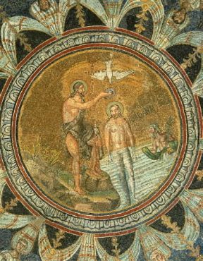 Battesimo di Gesù nel mosaico del battistero Neoniano a Ravenna (sec. V ).De Agostini Picture Library / A. De Gregorio Battesimo di Gesù nel mosaico del battistero Neoniano a Ravenna (sec. V ).De Agostini Picture Library / A. De Gregorio