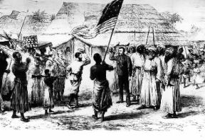 Africa. Stampa raffigurante l'incontro a Ujiji tra Stanley e Livingstone, ai quali si deve gran parte dell'esplorazione dell'Africa australe.De Agostini Picture Library Africa. Stampa raffigurante l'incontro a Ujiji tra Stanley e Livingstone, ai quali si deve gran parte dell'esplorazione dell'Africa australe.De Agostini Picture Library