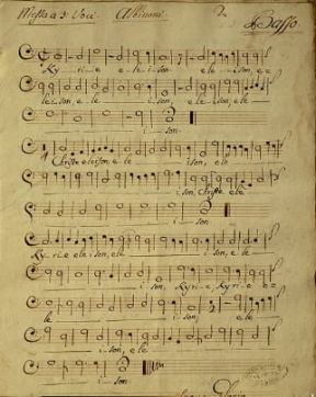 Italia . Una pagina della partitura autografa della Messa a tre voci di T. Albinoni (Venezia, Biblioteca Nazionale Marciana).De Agostini Picture Library/A. Dagli Orti Italia . Una pagina della partitura autografa della Messa a tre voci di T. Albinoni (Venezia, Biblioteca Nazionale Marciana).De Agostini Picture Library/A. Dagli Orti