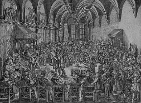 Protestantesimo. Una seduta della Dieta di Augusta (1530) in una stampa coeva: l'imperatore Carlo V assiste alla lettura della Confessione augustana (Parigi, Bibliothéque Nationale).De Agostini Picture Library/J. E. Bulloz Protestantesimo. Una seduta della Dieta di Augusta (1530) in una stampa coeva: l'imperatore Carlo V assiste alla lettura della Confessione augustana (Parigi, Bibliothéque Nationale).De Agostini Picture Library/J. E. Bulloz