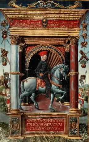 Condottiero. Muzio Attendolo Sforza in una miniatura della bottega di Giovan Pietro Birago (Parigi, BibliothÃ¨que Nationale).De Agostini Picture Library / J. E. Bulloz