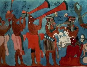 Maya. Ricostruzione dell'affresco con musici dell'edificio di Bonampak, nel Petén (Città di Messico, Museo d'Antropologia).De Agostini Picture Library/G. Dagli Orti Maya. Ricostruzione dell'affresco con musici dell'edificio di Bonampak, nel Petén (Città di Messico, Museo d'Antropologia).De Agostini Picture Library/G. Dagli Orti