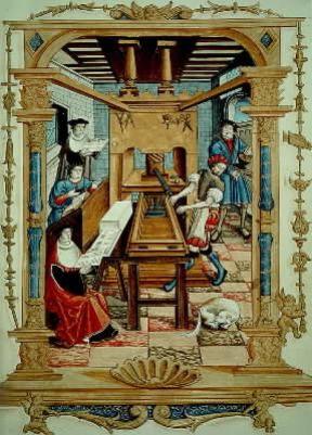 Stampa . Una stamperia all'inizio del sec. XVI in una miniatura dal Recueil des Chants Royaux (Parigi, Bibliothèque Nationale). De Agostini Picture Library/J. E. Bulloz Stampa . Una stamperia all'inizio del sec. XVI in una miniatura dal Recueil des Chants Royaux (Parigi, Bibliothèque Nationale). De Agostini Picture Library/J. E. Bulloz