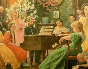 Bedrich Smetana in un dipinto del sec. XIX, raffigurato mentre intrattiene i suoi amici suonando il pianoforte (Praga, Archivio B. Smetana).De Agostini Picture Library/A. Dagli Orti Bedrich Smetana in un dipinto del sec. XIX, raffigurato mentre intrattiene i suoi amici suonando il pianoforte (Praga, Archivio B. Smetana).De Agostini Picture Library/A. Dagli Orti