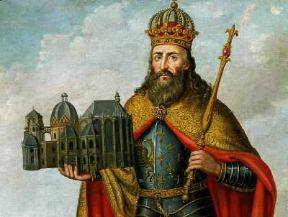 Germania. Particolare del ritratto di J. P. Scheuren di Carlo Magno con il modello della Cappella Palatina in mano (Aquisgrana, Stadtmuseum).De Agostini Picture Library/A. Dagli Orti