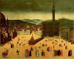Girolamo Savonarola. Dipinto raffigurante il rogo in piazza della Signoria a Firenze.De Agostini Picture Library / G. Nimatallah Girolamo Savonarola. Dipinto raffigurante il rogo in piazza della Signoria a Firenze.De Agostini Picture Library / G. Nimatallah