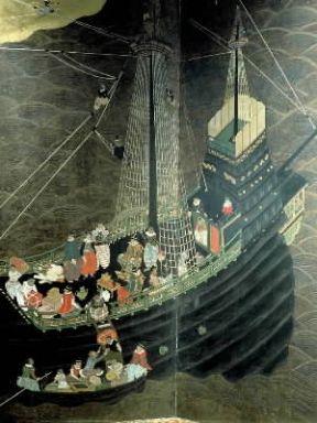 Giappone. Particolare di un paravento raffigurante una nave mercantile portoghese in un porto giapponese (Lisbona, Museu de Arte Antiga).De Agostini Picture Library/G. Dagli Orti Giappone. Particolare di un paravento raffigurante una nave mercantile portoghese in un porto giapponese (Lisbona, Museu de Arte Antiga).De Agostini Picture Library/G. Dagli Orti