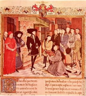 Belgio . Presentazione di un codice a Filippo, duca di Borgogna, detto il Buono, dalle Storie di Hainaut di Giacomo di Guisa.Bruxelles, M. Reali Belgio . Presentazione di un codice a Filippo, duca di Borgogna, detto il Buono, dalle Storie di Hainaut di Giacomo di Guisa.Bruxelles, M. Reali