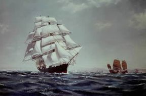 Clipper. Il Cutty Sark veleggia per i mari della Cina in un dipinto di J. Brazendale (Londra, British Museum).De Agostini Picture Library Clipper. Il Cutty Sark veleggia per i mari della Cina in un dipinto di J. Brazendale (Londra, British Museum).De Agostini Picture Library